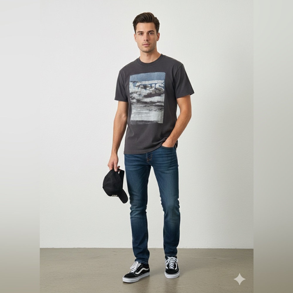 Vans Off The Wall Graphic Tee Charcoal Grey Cloud Print Size M